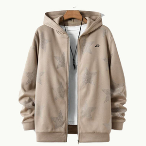 Sudadera con capucha de algodón polar beige con estrellas de diamantes de imitación en toda la superficie para hombre, estilo urbano minimalista, ropa de tono neutro, personalizable. - Product Image 1