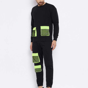 Survêtement en coton noir pour homme, col rond, manches longues, couleur unie, décontracté, avec poches vert lime, coupe classique, pour l'automne - Product Image 3