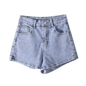Women Mid Waist <b>Elastic</b> Breathable Denim Shorts Side Slit Summer Slim Wide Leg Sporty 100% Cotton Solid Color <b>Jeans</b> - Product Image 1
