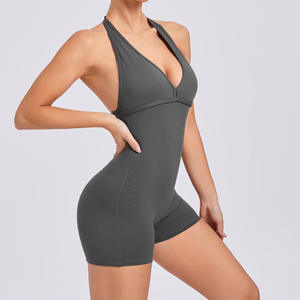 Combinaison une pièce pour femme à col halter et décolleté en V, en tissu bambou, idéale pour le gymnase, les exercices de fessiers et le renforcement du tronc - Product Image 6