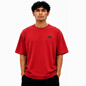 T-shirt en coton rouge surdimensionné pour homme, style streetwear, col rond, manches courtes, avec logo imprimé sur le devant, vente en gros OEM - Product Image 1