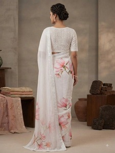 Elegante Saree de Seda y Rayón con Estampado Floral Blanco, Blusa Bordada, Ropa de Boda para Mujer, Estilo India, Pakistán, Bollywood, Sun - Product Image 3