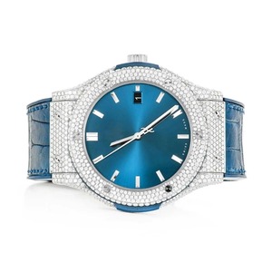 High <b>End</b> Men's Full Round Cut Diamond Watch Moissanite Custom Stick Blue Dial Premium Full Pave Watch in Lather Band - Product Image 1