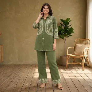 Ensemble en coton brodé vert pour femmes, manches trois quarts, coupe ample, pantalon long, tenue décontractée printemps-été - Product Image 5