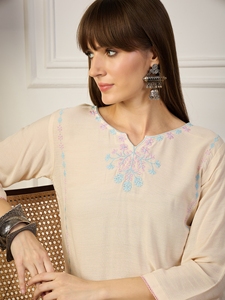 Women's Beige Viscose <b>Kurta</b> with Embroidered Neck and Side Details Loose Fit Midi Length Casual <b>Indian</b> Ethnic Wear - Product Image 3