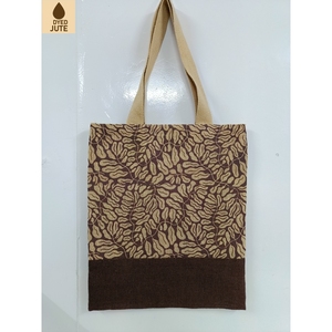 Sac fourre-tout en jute imprimé feuilles avec panneau coloré, style bohème, sac de shopping en jute naturelle non laminée, sac d'exportation en gros - Product Image 2