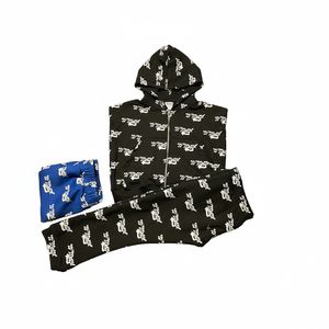 Survêtement d'hiver noir à fermeture éclair intégrale avec motif imprimé lettres blanches, unisexe, décontracté, en coton 100% épais, coupe mi-longue, jambes larges, poches latérales - Product Image 3