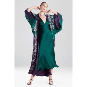 Robe de nuit de luxe pour femme en satin, style kimono, longue, à taille naturelle, imprimé floral, manches longues, ouverte sur le devant, avec ceintures - Product Image 3