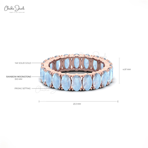 Anillo de eternidad de piedra lunar arcoíris natural de alta demanda de 5x3mm con engaste de puntas y oro rosa de 14k para boda y compromiso - Product Image 5