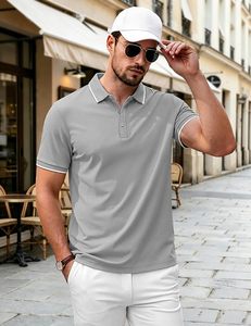 Men's Gray Short Sleeve Polo Shirt Solid Color Pique Knitted Casual Breathable Regular Fit - Product Image 5