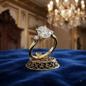 Bague de fiançailles en or jaune avec diamant taille ovale, bague de mariage solitaire à trois pierres avec diamants latéraux pour femme - Product Image 1