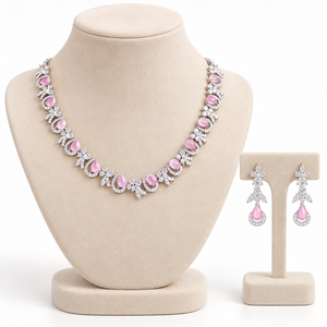 MIJ Luxury American Diamond Necklace <b>Set</b> with CZ Stones Silver Plated <b>Bridal</b> <b>Jewelry</b> <b>Set</b> Silver Plated Alloy Fashion Necklaces - Product Image 1