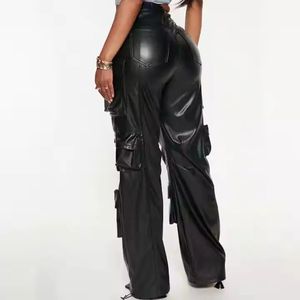 Fabricante de Ropa Personalizada, Pantalones Cargo de Cuero Casuales para Mujer, de Pierna Ancha, Cintura Media, Bolsillos Holgados, Transpirables, para Invierno, Estilo Urbano - Product Image 3