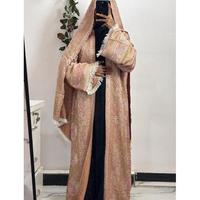 Abaya ouverte de luxe avec châle assorti |   Ensemble Kaftan Brodé Paisley Premium, Modeste, Longueur Cheville, Manches Longues, Toutes Saisons, Sans Coutures