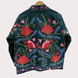 Factory Price Suzani Embroidery Velvet Short Jacket Women Button Winter <b>Coat</b> Bohemian Bomber Jacket Trendy Wholesale Top Product - Product Image 2
