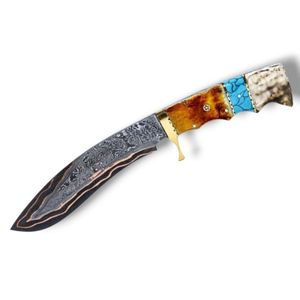 Couteaux de chasse en acier Damas faits à la main avec manche en os décoratif et lame fixe courbée pour le camping en plein air et les collectionneurs - Product Image 3