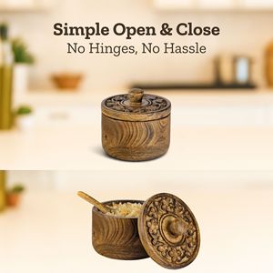 Salero de Madera Tallado a Mano Personalizado con Tapa y Cuchara, Caja de Sal de Madera de Mango, Contenedor de Especias con Diseño Floral, Fabricante Mayorista - Product Image 5