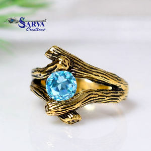 Anillo de Topacio Azul Natural, Plata de Ley 925, Estilo Bohemio Inspirado en el Bosque, Engaste de Garras, Diseño de Rama Texturizada, Hecho a Mano para Mujer - Product Image 3