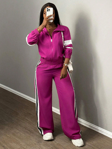Ensemble de survêtement pour femme en coton délavé, veste zippée unie et pantalon de jogging, respirant, extensible, pour le sport et la gym - Product Image 1