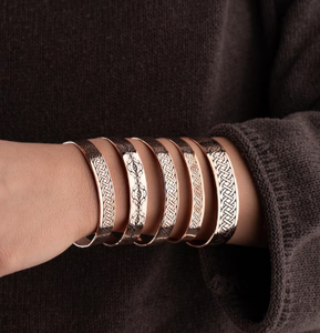 Pure Copper Open Cuff <b>Bangle</b> Bracelet <b>Engraved</b> Vintage Interlocking Grid Motif Solid Copper Adjustable Thin Wristband Unisex - Product Image 5