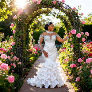 ชุดแต่งงานผู้หญิงดีไซน์ใหม่ สีขาว ผ้าลูกไม้ ยาวลากพื้น ไซส์พลัส แบบไม่มีแขน ทรงเมอร์เมด ผูกเชือกด้านหลัง ปรับแต่งได้ ประดับมุก หรูหรา - Product Image 1