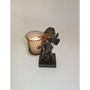 Candelero de Madera Natural con Forma de Ángel Cupido y Linterna para Decoración Navideña del Hogar - Product Image 1