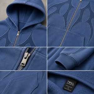 Sudadera con capucha azul para hombre, con cremallera, de forro polar, corte regular, diseño geométrico, informal, para invierno, con bolsillo frontal de algodón, lavado ácido - Product Image 3