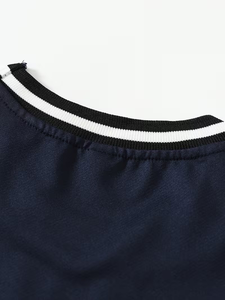 Men's Navy Blue O-Neck Short Sleeve T-Shirt Slim Fit Contrast Trim Knitted Casual Solid Color - Product Image 4