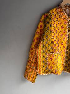 <b>Quilted</b> YELLOW GIFT FOR HER Cotton <b>Jacket</b> Women Floral <b>Pattern</b> Mandarin Collar Full Sleeve Autumn Regular Length Patch Pocket - Product Image 4