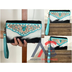 Hot Selling Wholesale Genuine Cowhide Fur <b>Leather</b> Clutch Luxury Turquoise Concho Hand <b>Tooled</b> Floral Wristlet Purses For Women's - Product Image 1