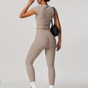 Wholesale Solid Cross <b>Bra</b> Cutout Deep V Neck High Waist Yoga Leggings 2-Piece Set Breathable Quick Dry Eco-Friendly - Product Image 6