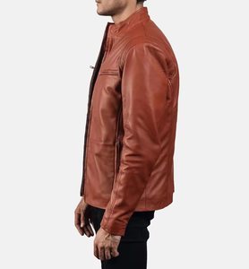 แจ็คเก็ตหนังแท้ทรงสลิมพรีเมียมสำหรับผู้ชายรุ่นใหม่ล่าสุด คอตั้ง ปรับแต่งวัสดุและสัมผัสได้ตามต้องการ - Product Image 5