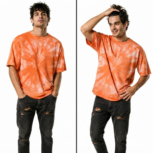 T-shirt en jersey de coton tie-dye orange surdimensionné pour homme, col rond, manches courtes, basique, décontracté - Product Image 4