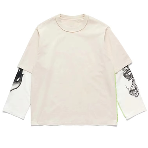 เสื้อยืดแขนสองชั้นทรงโอเวอร์ไซส์สำหรับผู้ชาย พิมพ์ลายมังกร แต่งขอบตัดกัน คอกลม สไตล์สตรีท ผลิตจากผ้าเจอร์ซีย์คอตตอน 100% - Product Image 2