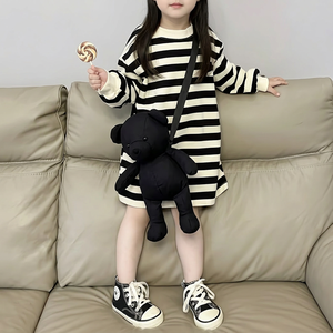 Vestido de Algodón a Rayas de Manga Larga con Cuello Redondo para Niñas, Estilo Casual hasta la Rodilla, Lindo para Primavera - Product Image 6