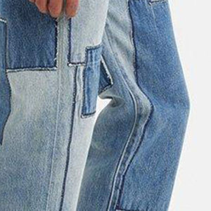 Jean en denim décontracté pour homme, coupe droite, taille haute, bleu clair, avec empiècements patchwork et blocs de tissu, effet vintage délavé, logo personnalisé - Product Image 6