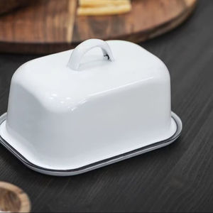 Mantequillera estilo rústico con tapa de asa elevada, bandeja ancha y acabado esmaltado liso, duradera para almacenamiento de mantequilla en la encimera de la cocina. - Product Image 2