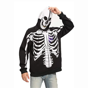 Sweat-shirts à capuche zippés intégraux imprimé squelette noir, grandes tailles, en mélange de coton, manches raglan, polaire délavée, style rétro athlétique streetwear - Product Image 1