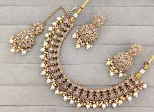 Ethnic <b>Jewelry</b> <b>Set</b> Gold Plated Necklace and Earring <b>Set</b> <b>Pearl</b> and Zircon Wedding Party Wear for Women - Product Image 5
