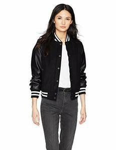 Women's Black Varsity <b>Jacket</b> PU Leather Sleeve Contrast Trim Turn-down Collar Full Sleeve Regular Length Autumn Style - Product Image 3