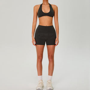 Ensemble 2 pièces sans couture pour femme : short de yoga taille haute et brassière de sport à dos nu, taille élastique, extensible, respirant et séchage rapide - Product Image 4