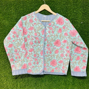 Handmade <b>Quilted</b> Cotton <b>Jacket</b> <b>Women</b> Block Print Floral Tie Front <b>Jacket</b> <b>Lightweight</b> Boho Casual Layering Coat Ethnic Outerwear - Product Image 6