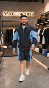 REXFIT SPORTS 2026 Ensemble de survêtement en nylon froissé noir et bleu, veste à demi-zip et short, streetwear et vêtements de sport personnalisés - Product Image 4