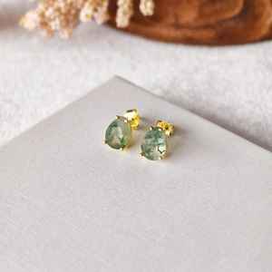 Boucles d'oreilles pendantes en argent sterling 925 plaqué or 14 carats avec agate mousse naturelle, bijoux pour femmes - Product Image 3