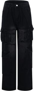 Mid Waist Stonewashed Cargo Jeans Plus Size Women Loose Fit Knee Length Polyester Summer <b>Y2K</b> <b>Streetwear</b> with Pockets - Product Image 6