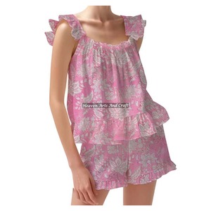 Women's Breathable Printed Shorts Pajama Set Floral Knitted Cotton Fabric For Women Fitted Strappy Ruffle <b>Trim</b> Sleeves PJ Set - Product Image 1