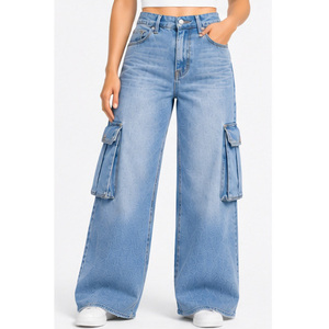 Jeans de Mezclilla Cargo de Cintura Alta y Pierna Ancha para Mujer, Color Índigo Oscuro - Product Image 1