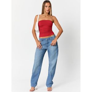 Débardeur tricoté rouge sans bretelles pour femme, couleur unie, froncé, longueur courte, style club sexy, mélange élasthanne et polyester - Product Image 6