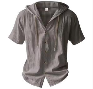 Chemise décontractée pour homme, sur mesure, grise, coupe ajustée, respirante, en lin, col montant, boutonnée, manches courtes, à capuche - Product Image 3