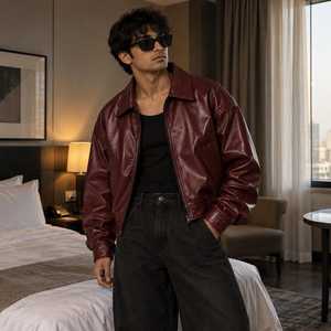 Blouson Bomber en Cuir PU pour Homme, Style Moto Biker, Col Rabattu, Fermeture Éclair, Couleur Unie, Coupe Droite, Longueur Courte, Automne - Product Image 5